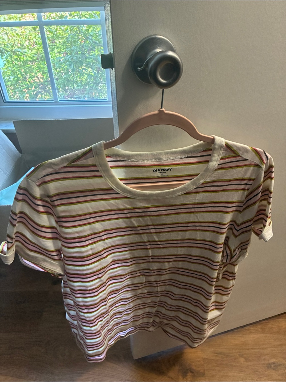 Old Navy Cream Tee with Pink, Green & Brown Stripes